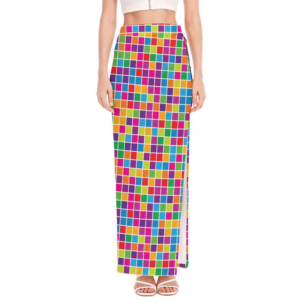 Rainbow Squares Pattern Print High Slit Maxi Skirt