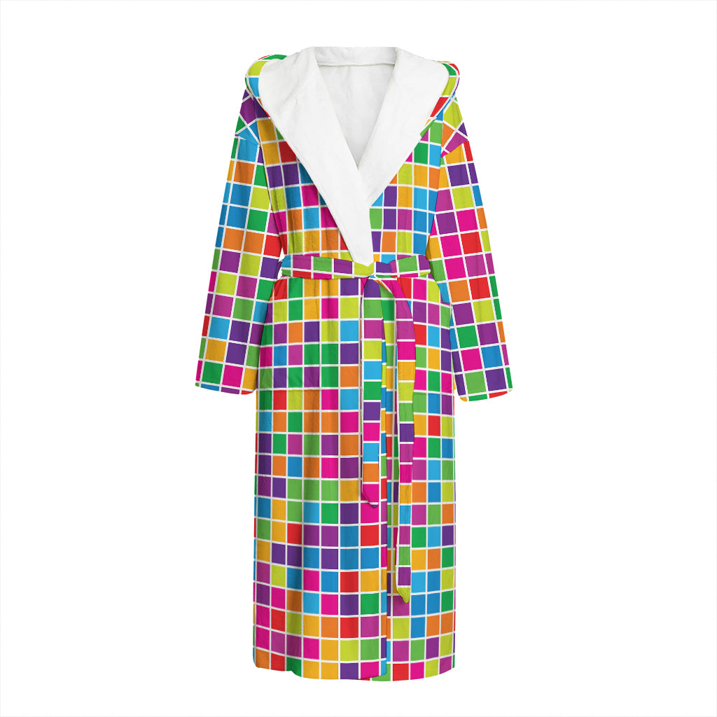 Rainbow Squares Pattern Print Hooded Bathrobe