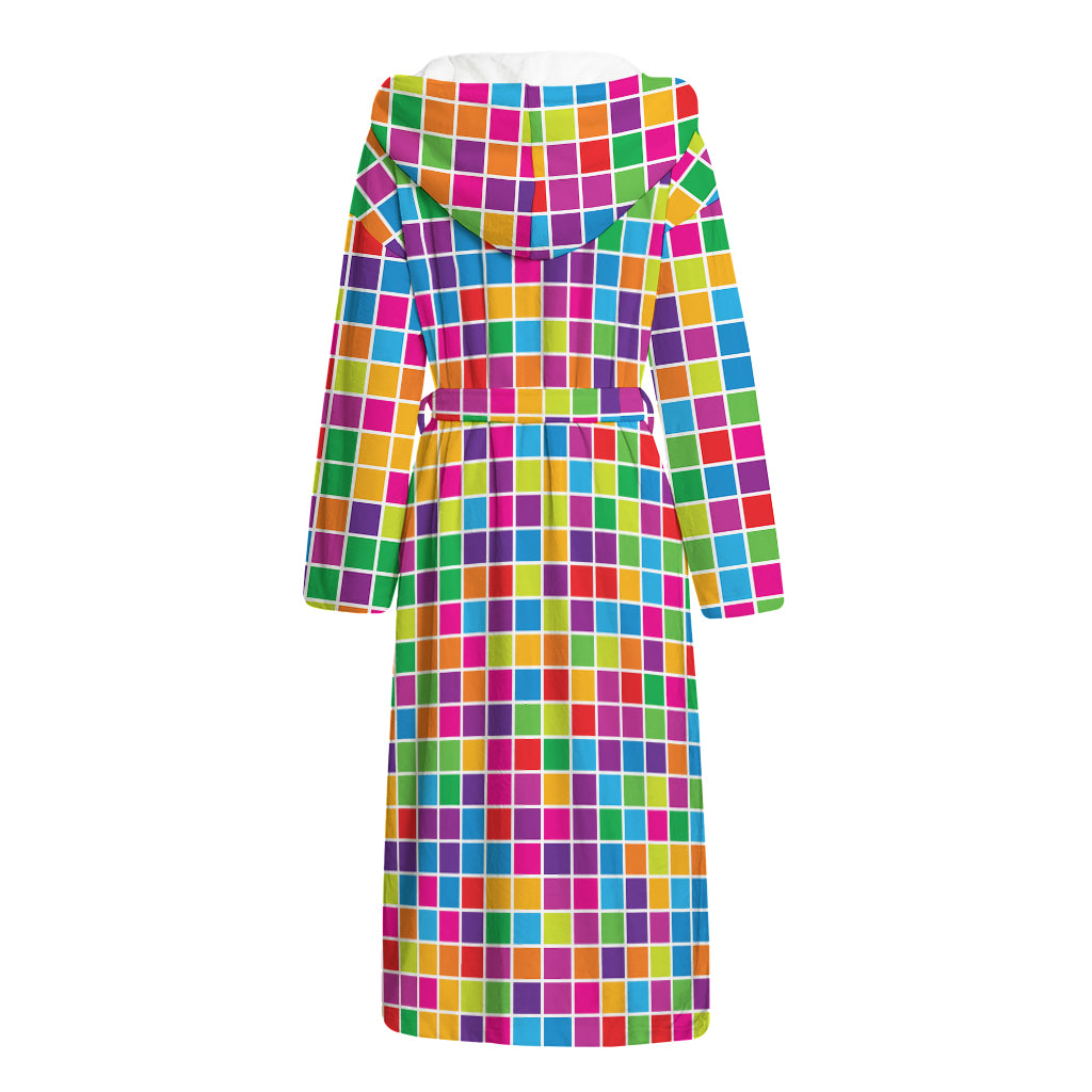 Rainbow Squares Pattern Print Hooded Bathrobe