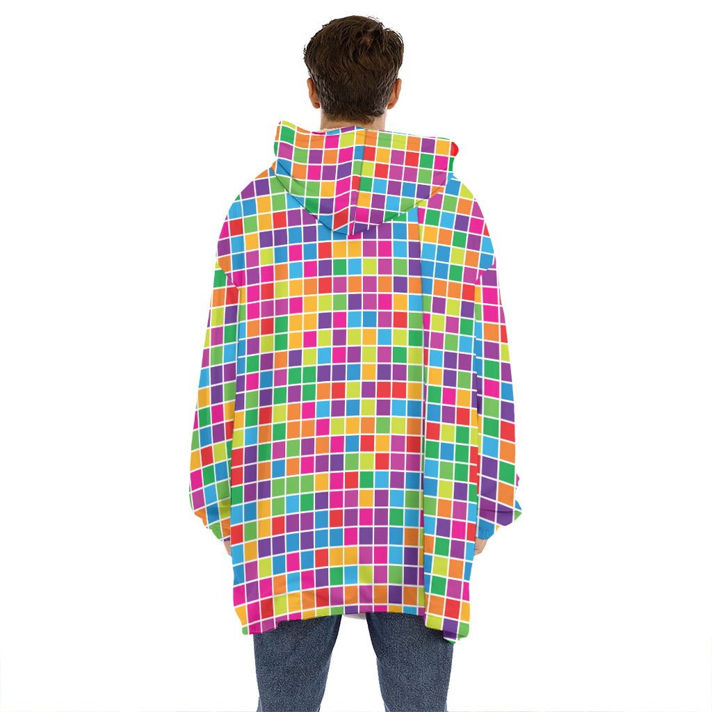 Rainbow Squares Pattern Print Hoodie Blanket