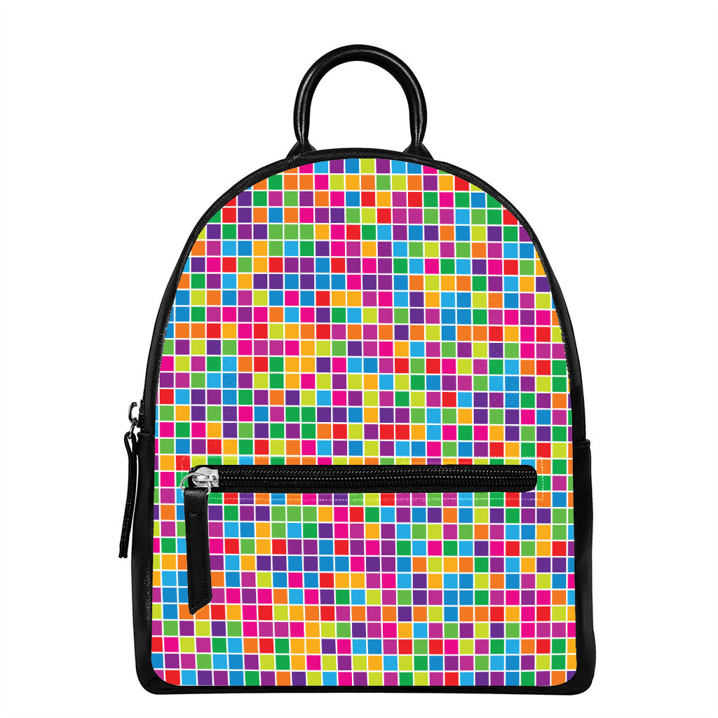 Rainbow Squares Pattern Print Leather Backpack