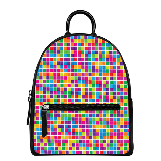 Rainbow Squares Pattern Print Leather Backpack