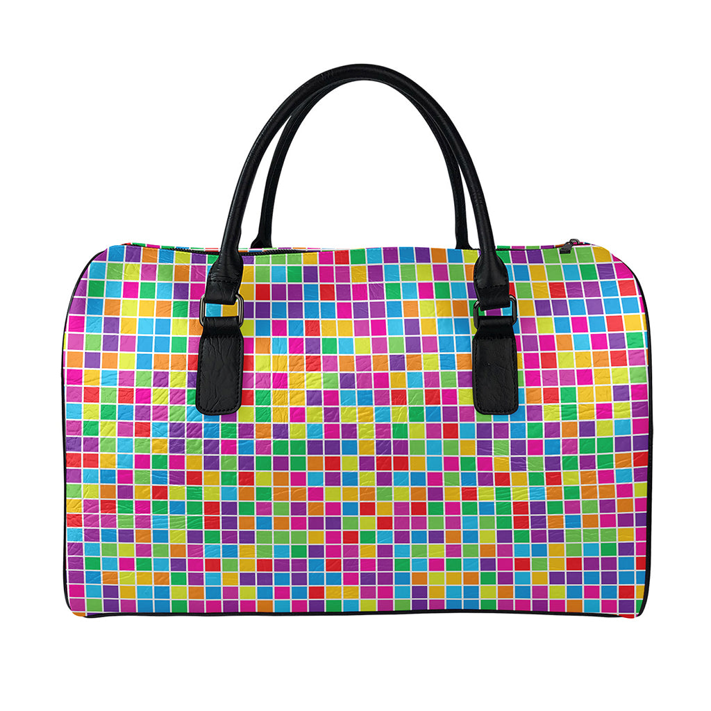 Rainbow Squares Pattern Print Leather Duffle Bag