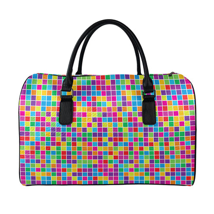 Rainbow Squares Pattern Print Leather Duffle Bag