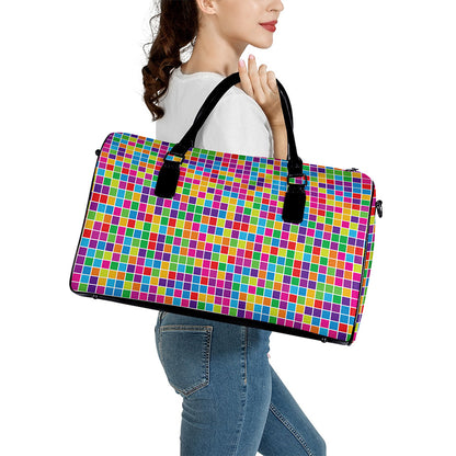 Rainbow Squares Pattern Print Leather Duffle Bag