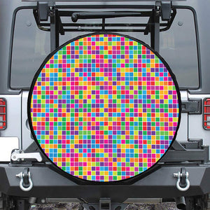 Rainbow Squares Pattern Print Leather Spare Tire Cover