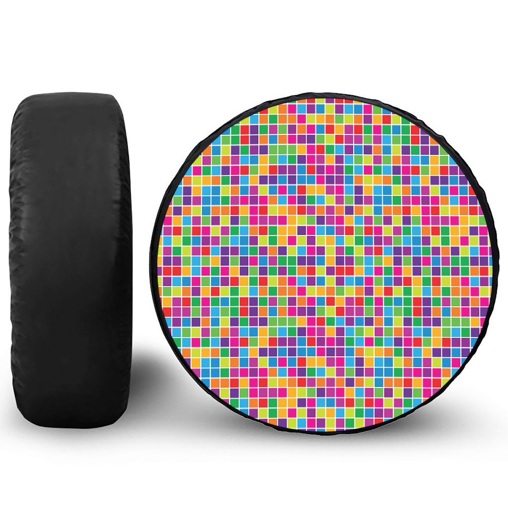 Rainbow Squares Pattern Print Leather Spare Tire Cover