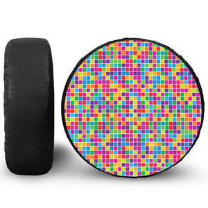 Rainbow Squares Pattern Print Leather Spare Tire Cover