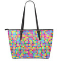 Rainbow Squares Pattern Print Leather Tote Bag With Zipper