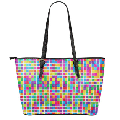 Rainbow Squares Pattern Print Leather Tote Bag
