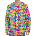 Rainbow Squares Pattern Print Long Sleeve Baseball Jersey