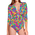 Rainbow Squares Pattern Print Long Sleeve Swimsuit