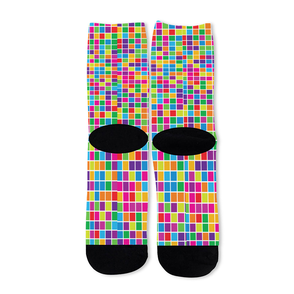 Rainbow Squares Pattern Print Long Socks