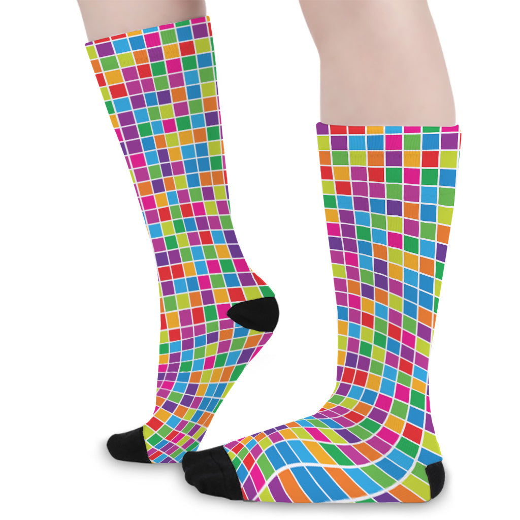 Rainbow Squares Pattern Print Long Socks