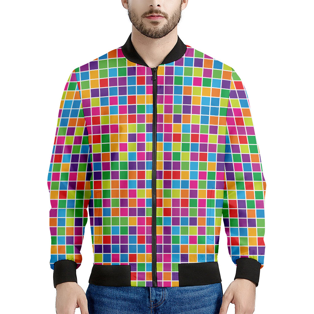 Rainbow Squares Pattern Print Men's Bomber Jacket