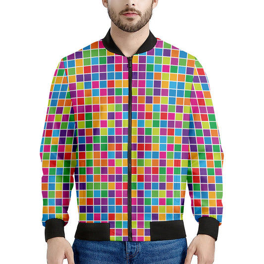 Rainbow Squares Pattern Print Men's Bomber Jacket