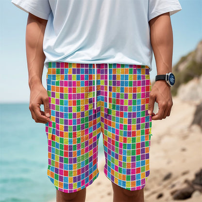 Rainbow Squares Pattern Print Men's Cargo Shorts