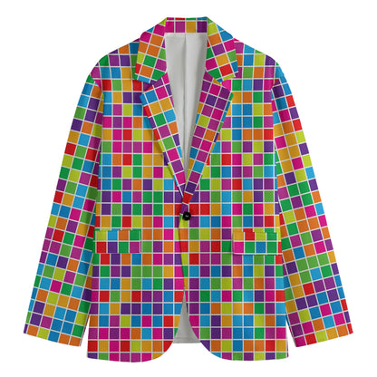 Rainbow Squares Pattern Print Men's Cotton Blazer