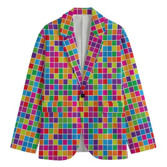 Rainbow Squares Pattern Print Men's Cotton Blazer