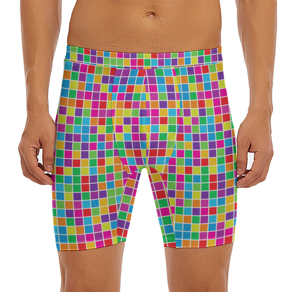 Rainbow Squares Pattern Print Men's Long Boxer Briefs