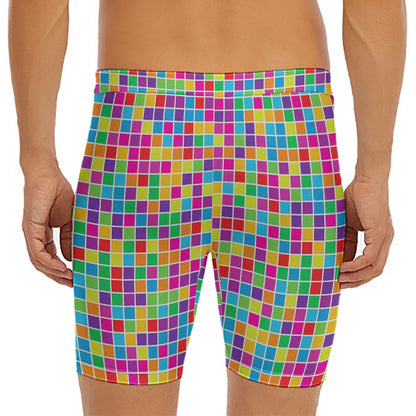 Rainbow Squares Pattern Print Men's Long Boxer Briefs
