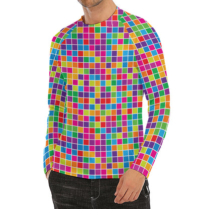 Rainbow Squares Pattern Print Men's Long Sleeve Rash Guard