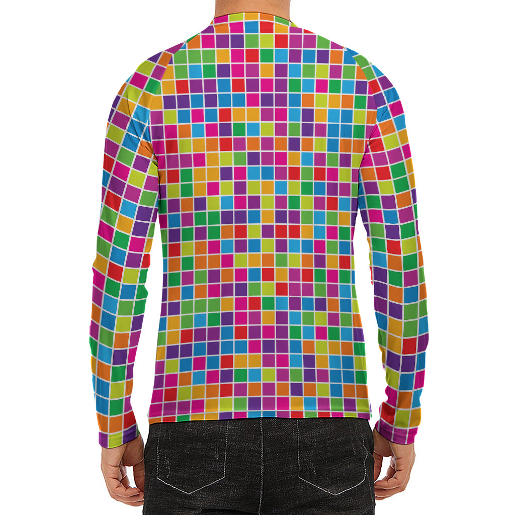 Rainbow Squares Pattern Print Men's Long Sleeve Rash Guard