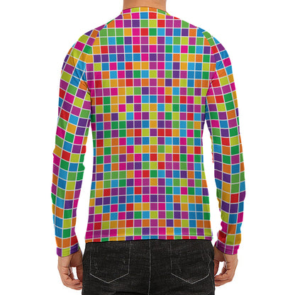 Rainbow Squares Pattern Print Men's Long Sleeve Rash Guard