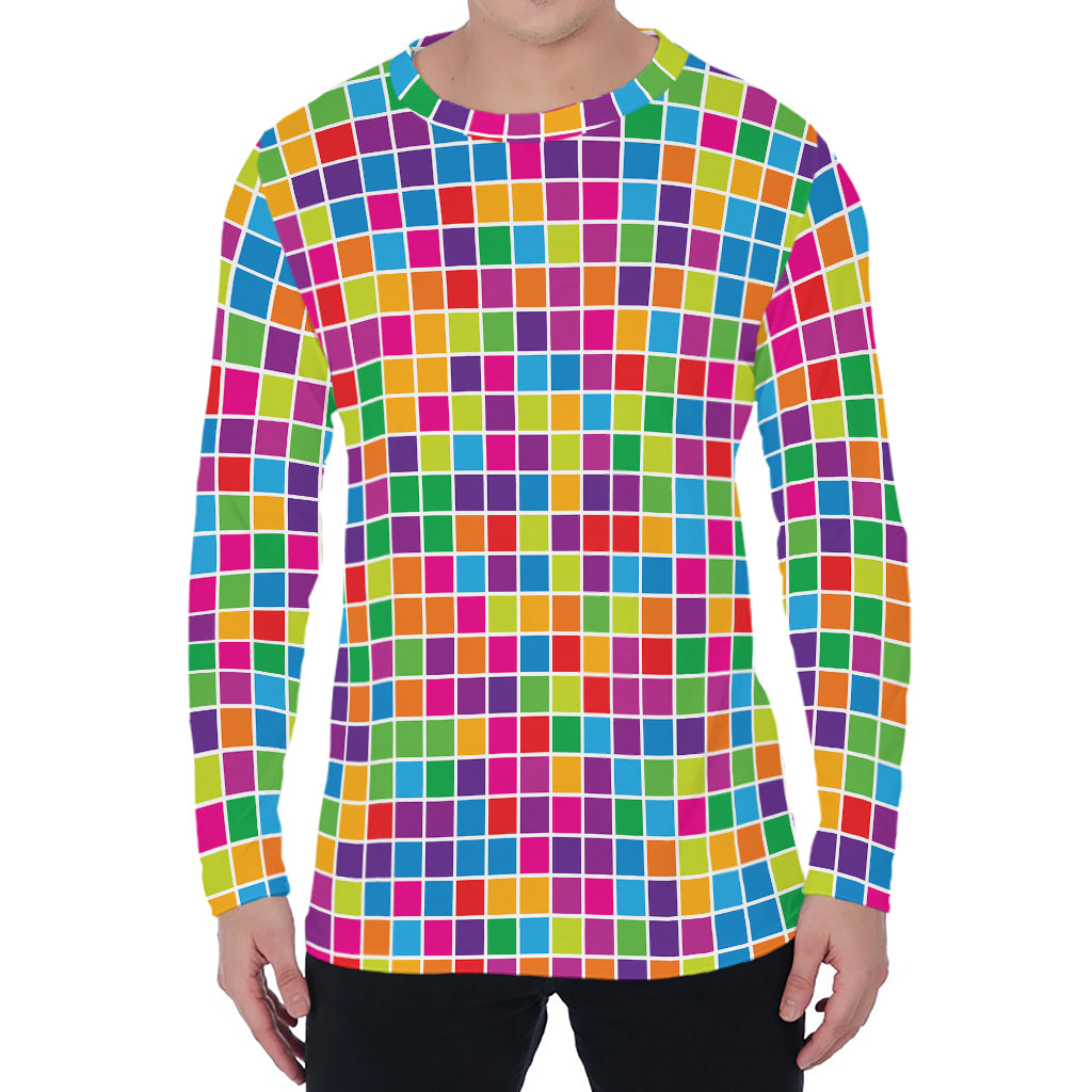 Rainbow Squares Pattern Print Men's Long Sleeve T-Shirt
