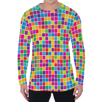 Rainbow Squares Pattern Print Men's Long Sleeve T-Shirt