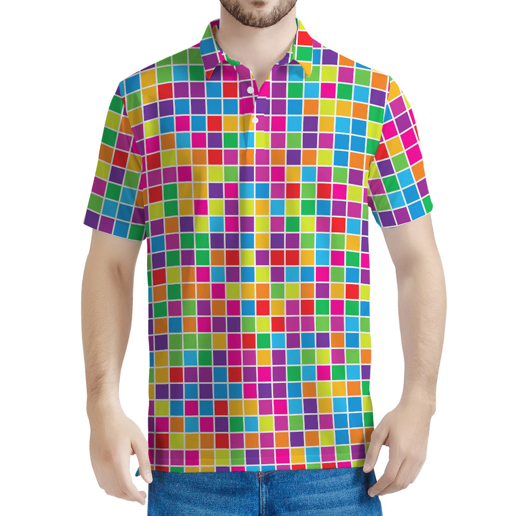Rainbow Squares Pattern Print Men's Polo Shirt