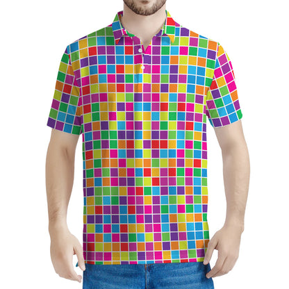 Rainbow Squares Pattern Print Men's Polo Shirt