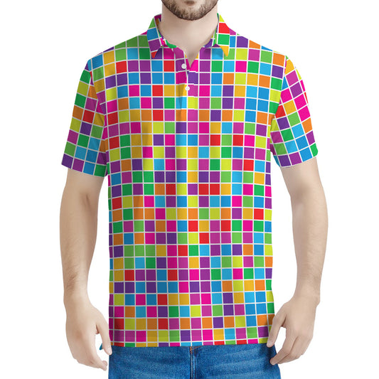 Rainbow Squares Pattern Print Men's Polo Shirt