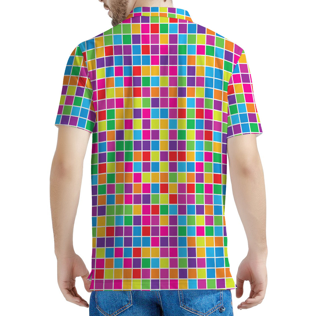 Rainbow Squares Pattern Print Men's Polo Shirt