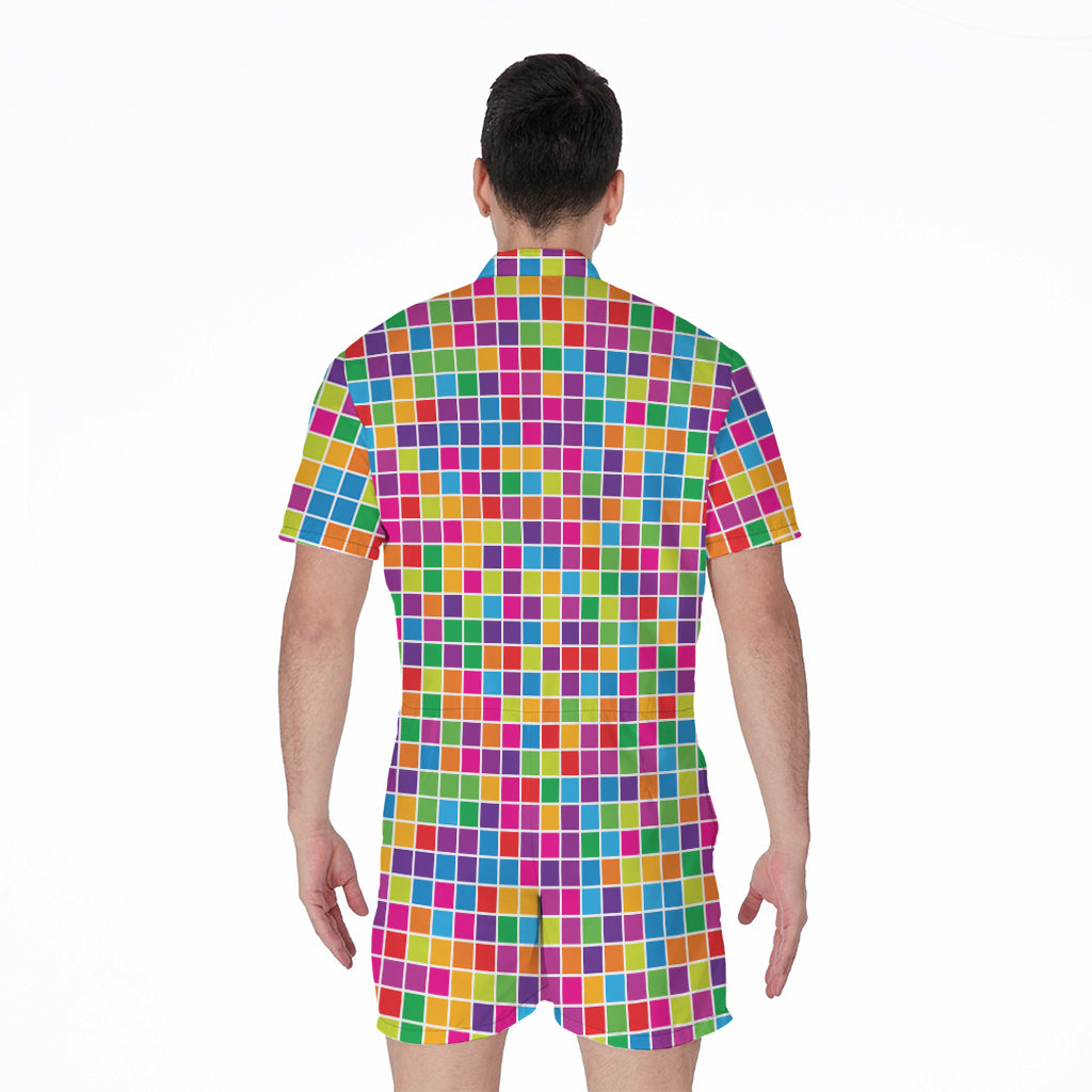 Rainbow Squares Pattern Print Men's Rompers