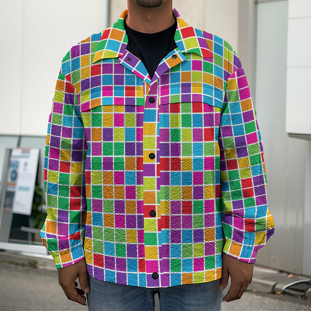 Rainbow Squares Pattern Print Men's Shirt Jacket