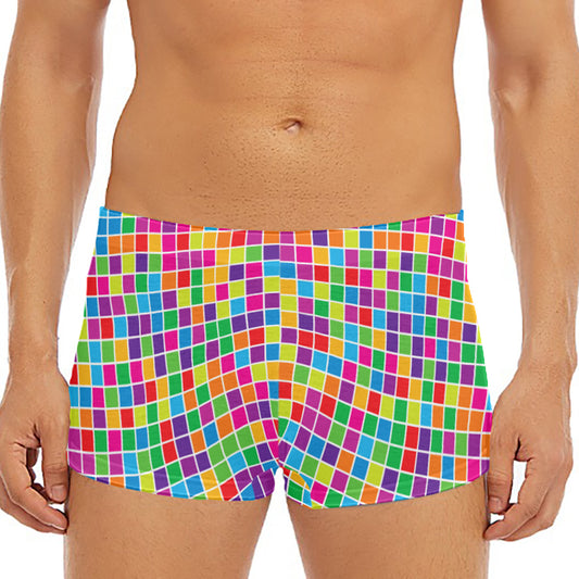 Rainbow Squares Pattern Print Men's Short Boxer Briefs