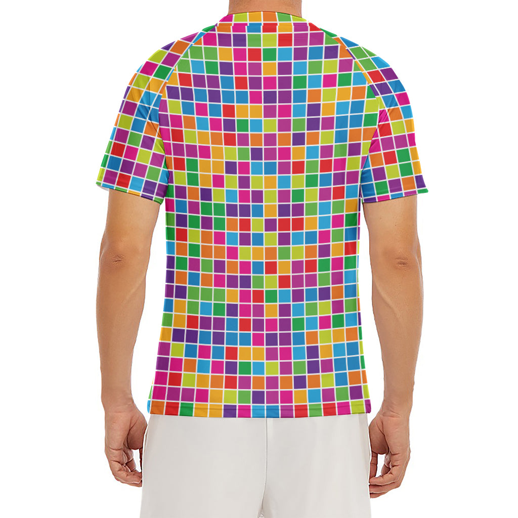 Rainbow Squares Pattern Print Men's Short Sleeve Rash Guard