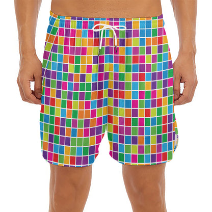 Rainbow Squares Pattern Print Men's Split Running Shorts