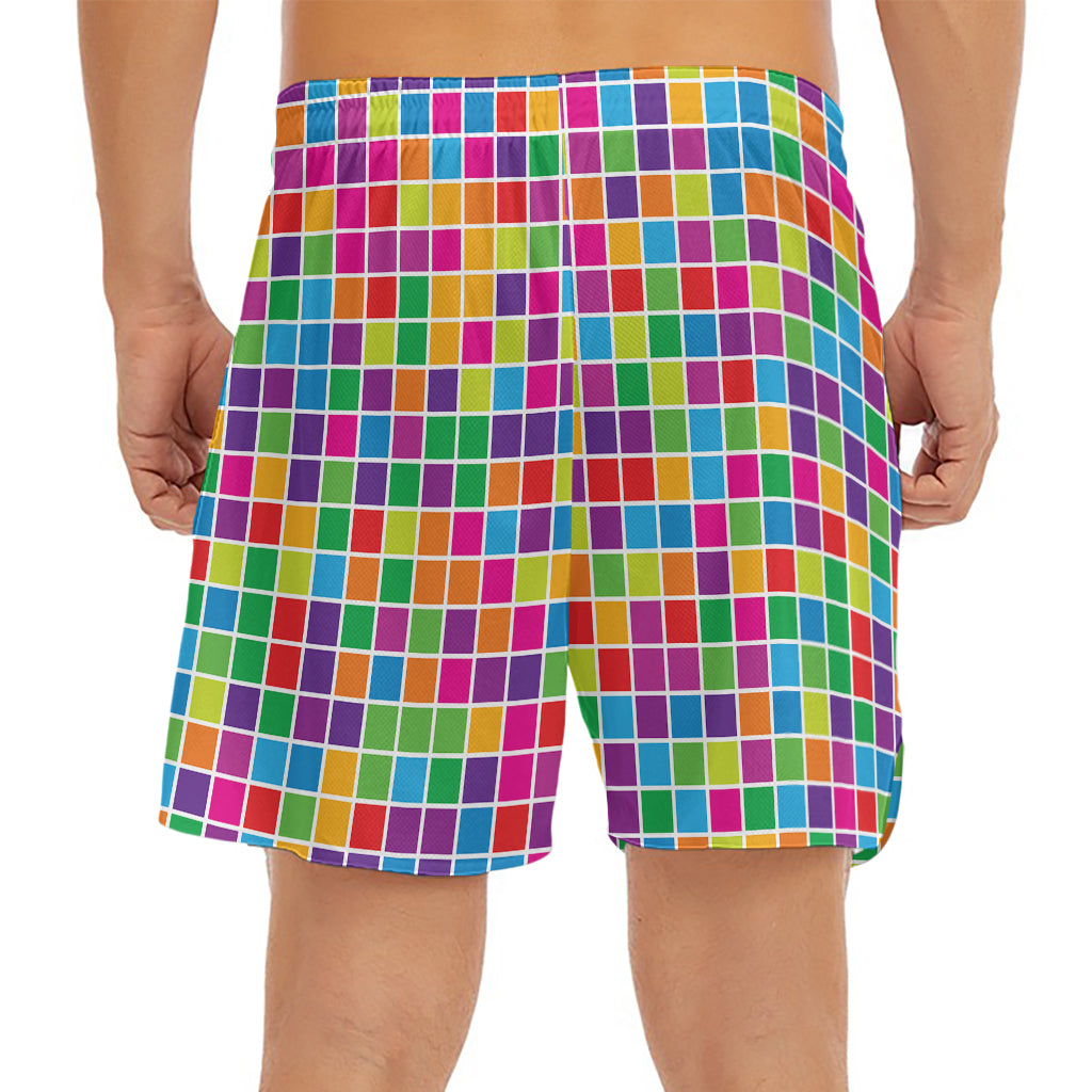 Rainbow Squares Pattern Print Men's Split Running Shorts