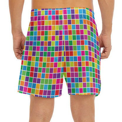 Rainbow Squares Pattern Print Men's Split Running Shorts