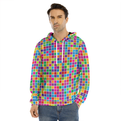Rainbow Squares Pattern Print Men's Velvet Pullover Hoodie