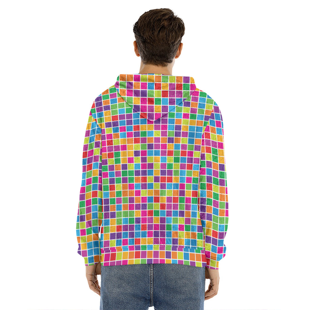 Rainbow Squares Pattern Print Men's Velvet Pullover Hoodie