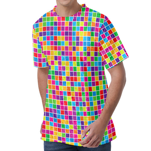 Rainbow Squares Pattern Print Men's Velvet T-Shirt