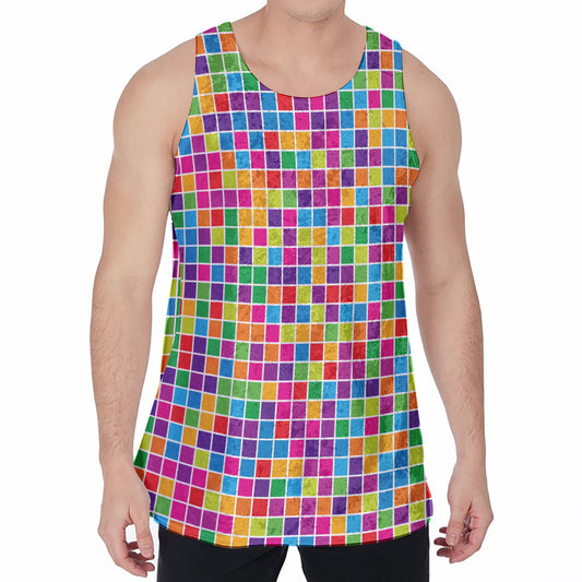 Rainbow Squares Pattern Print Men's Velvet Tank Top