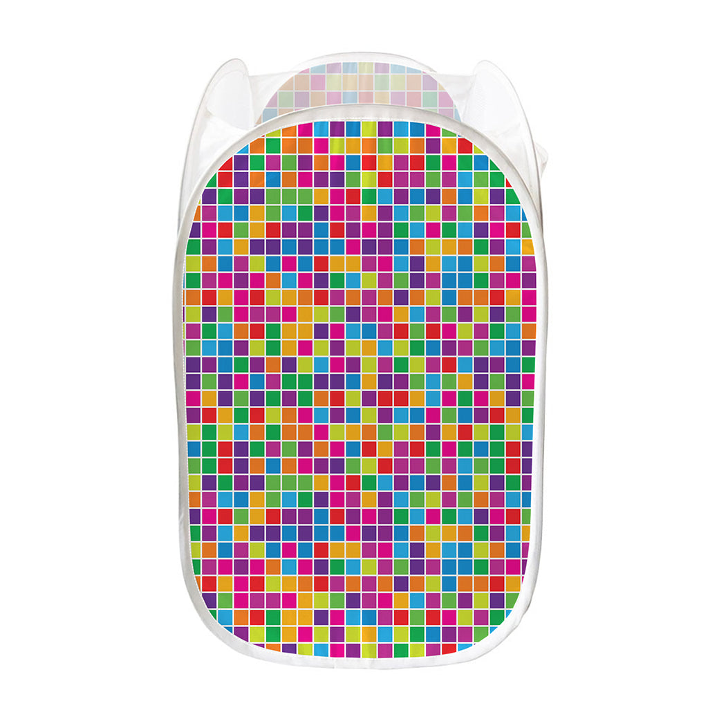 Rainbow Squares Pattern Print Mesh Laundry Hamper