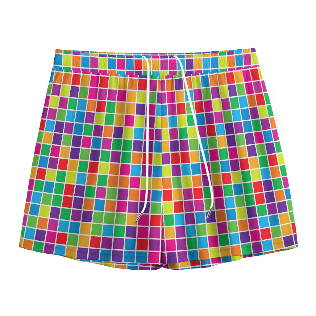 Rainbow Squares Pattern Print Mesh Shorts