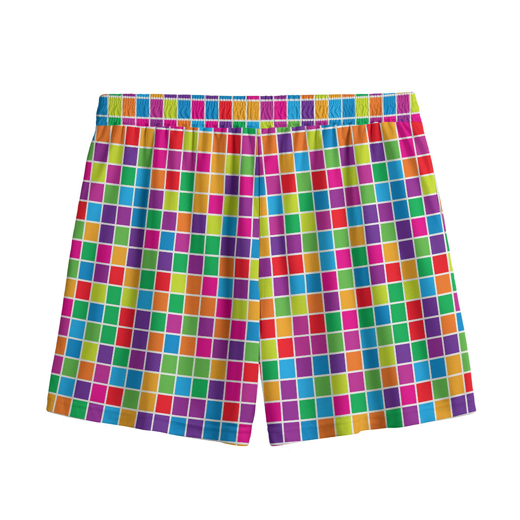 Rainbow Squares Pattern Print Mesh Shorts
