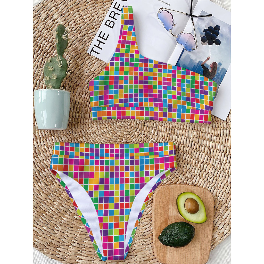 Rainbow Squares Pattern Print One Shoulder Bikini Top
