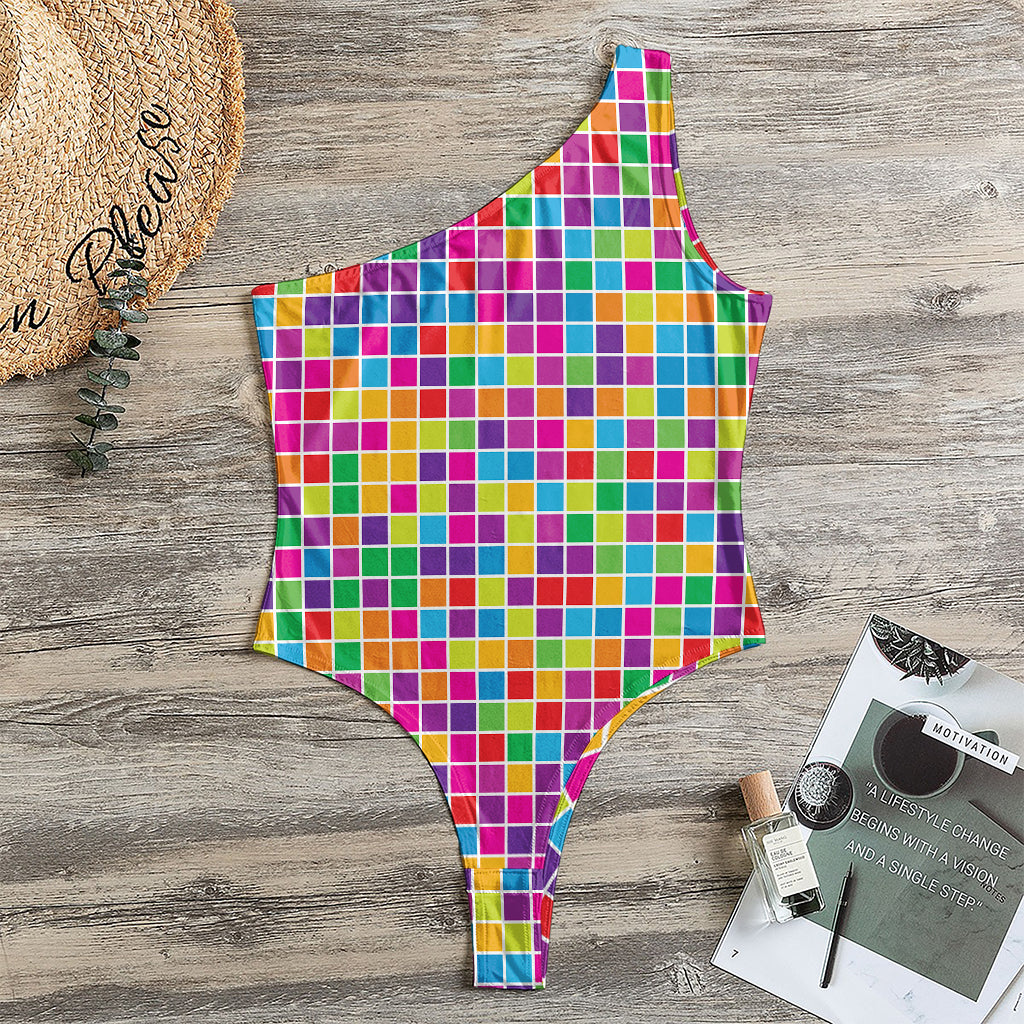 Rainbow Squares Pattern Print One Shoulder Bodysuit